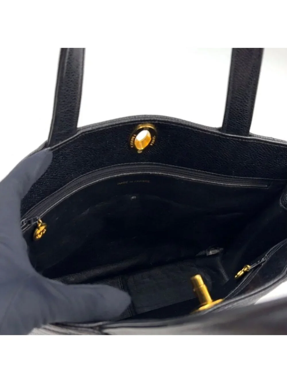 Chanel Quilted Turnlock Caviar Leather Black Tote Bag Gold